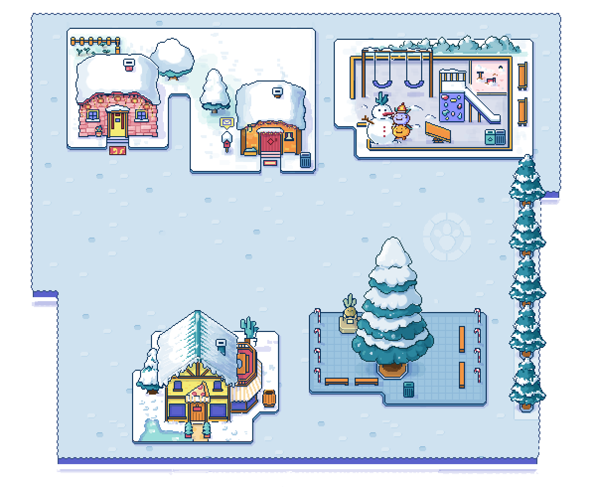 Pixel art style of a little village with an anthropomorphic radish standing in the middle